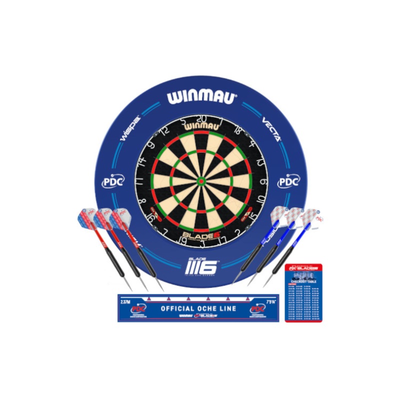 PDC Dartboard & Surround Set Blade 6 + Blue Surround + Oche Line + Checkout Card