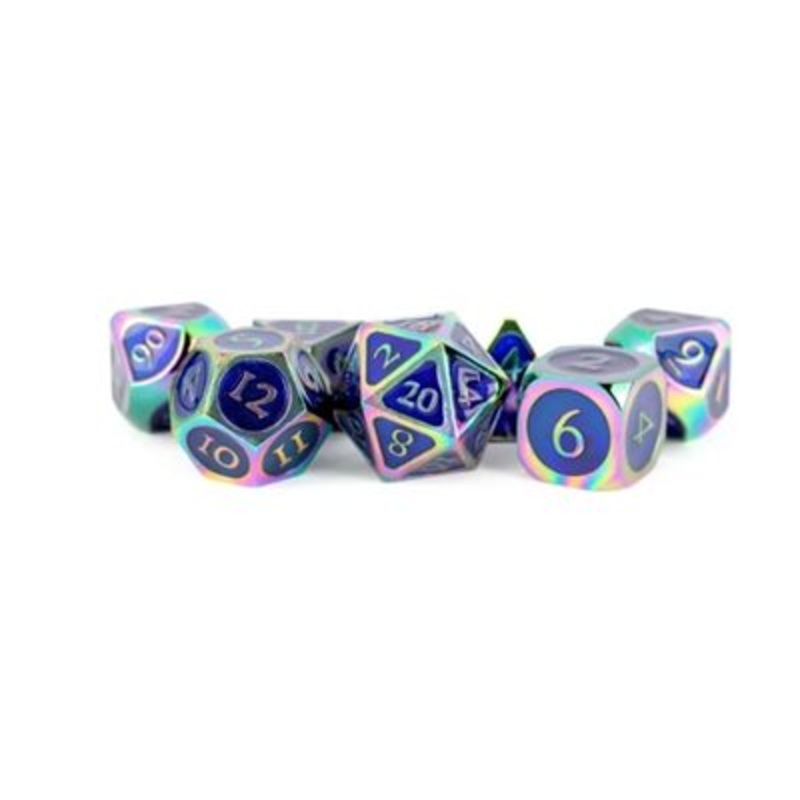 Metal Dice: 7pc 16mm Rainbow w Blue Enamel