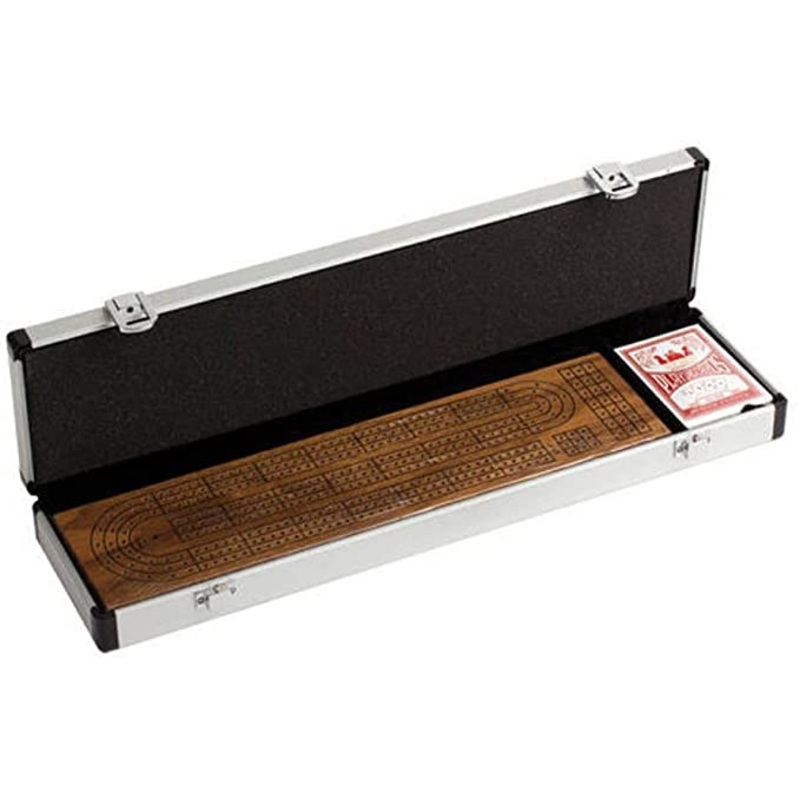 3 Track Walnut Cribbage with A Deck of Cards in Aluminum Case