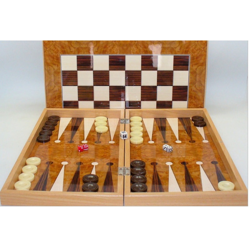 BACKGAMMON: 19″ BURL WOOD STYLE DECOUPAGE