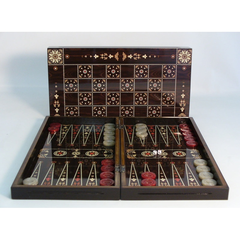 BACKGAMMON: 19″ FLOWERED DECOUPAGE W/ CHESS BACK