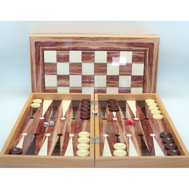 BACKGAMMON: 19″ WALNUT DECOUPAGE W/ CHESS BACK