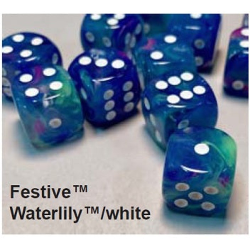 FESTIVE DICE 12D6 WATERLILY/WHITE 16MM