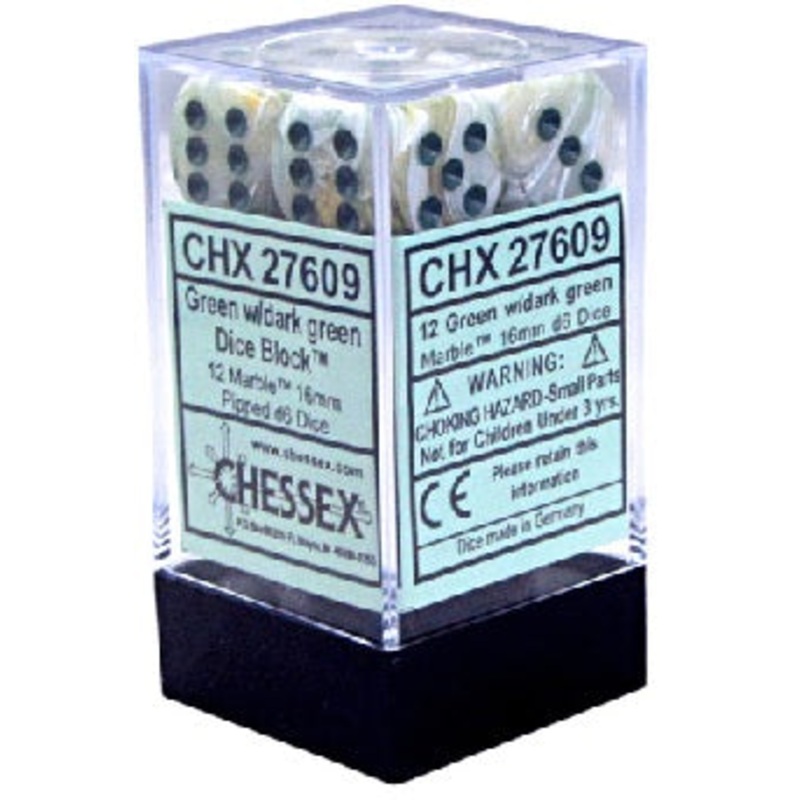 MARBLE Dice: 12D6 GREEN/DARK GREEN 16MM