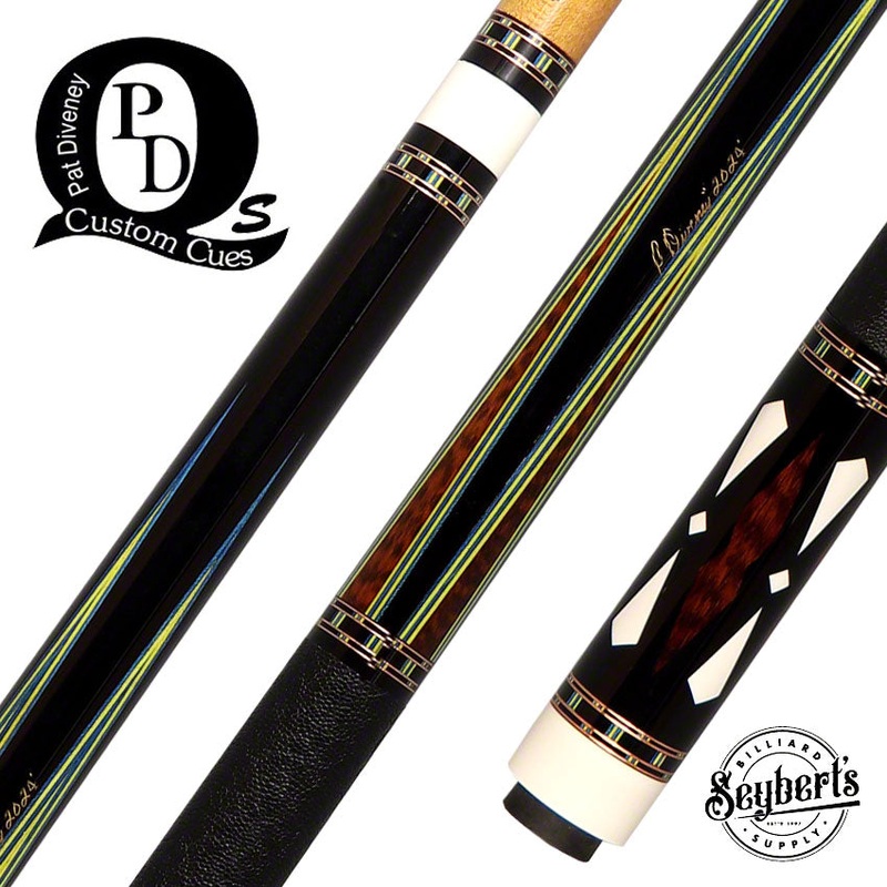 Pat Diveney Ebony 4-Point Snakewood and Elephant Wrap Custom Pool Cue with Two Honey Roast Trans-K Shafts – DC3800EB4P