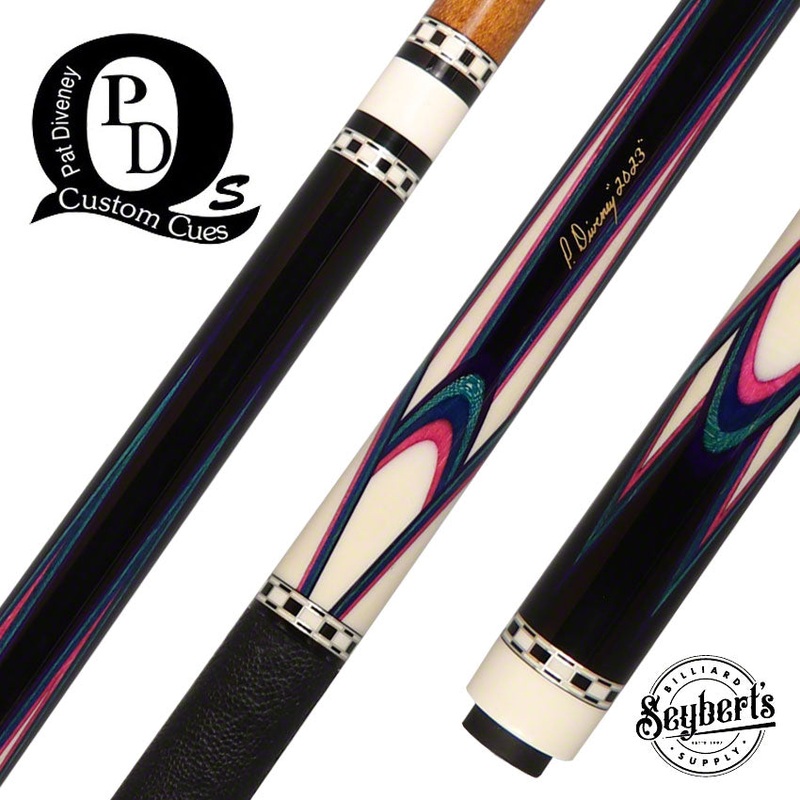 Pat Diveney Ebony Butteryfly White/Pink/Blue/Teal Custom Cue with Two Honey Roast Trans-K Shafts – DC4800