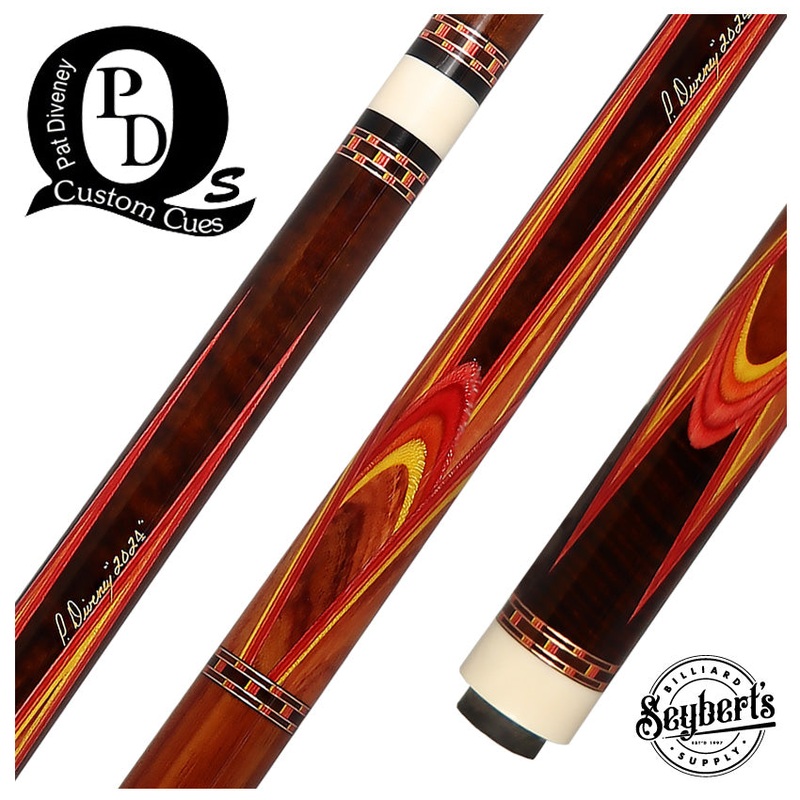 Pat Diveney Red/Orange/Yellow 8-Point Butterfly Custom Cue with Two Dark Roast Trans-K Shafts – DC5500