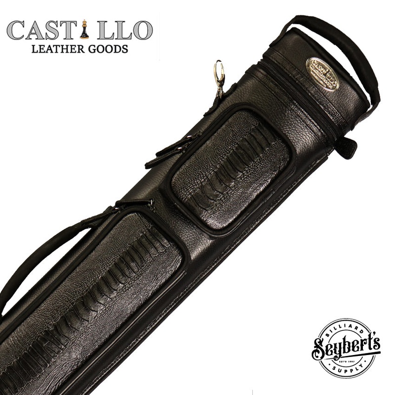 Castillo Black Leather with Black Ostrich Leg Accent 2×4 Hard Leather Pool Cue Case – CLG24BKBKOS