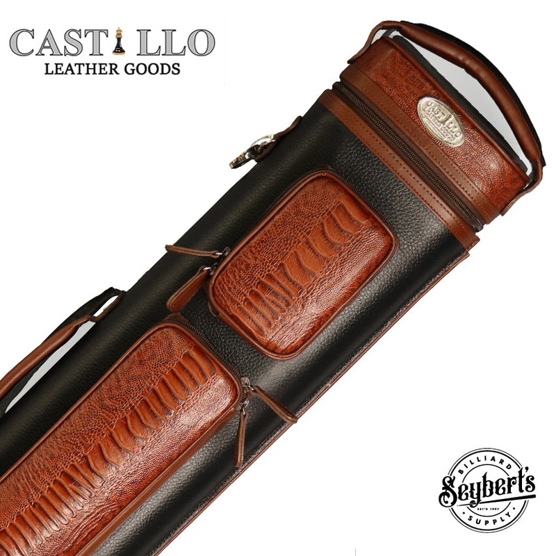 Castillo Black Leather with Cognac Ostrich Leg Accent 4×7 Hard Leather Pool Cue Case – CLG47BKCGOS