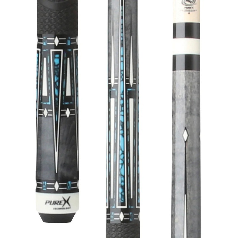Pure X HXT69 Grey Stained Curly Maple/Imitation Bone & Blue Recon Graphic Pool Cue w/ MZ Grip