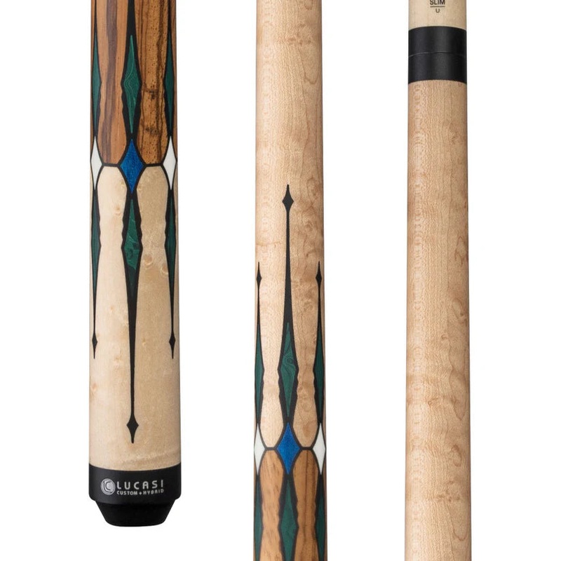 Lucasi LUX64 Pool Cue  Natural Birdseye Maple with Blue and Malachite Accents by Cue & Case
