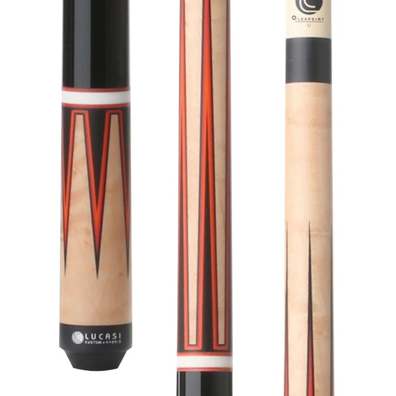 Lucasi LZC54 Custom Black and Antique Birdseye Pool Cue with Red and Orange Veneer Points by Cue & Case