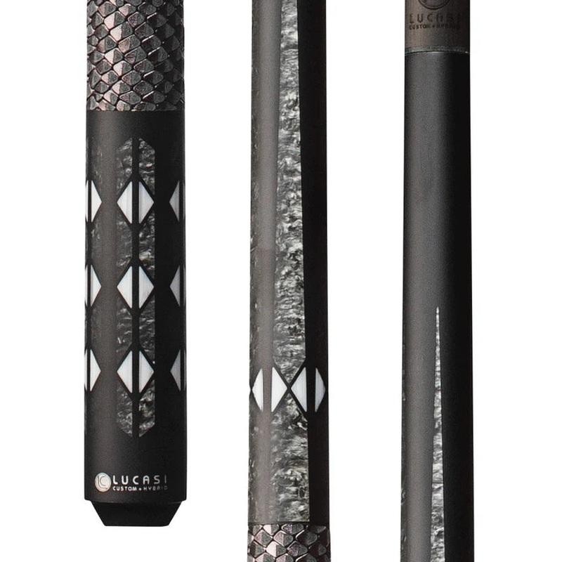 Lucasi Pinnacle Matte Black Pool Cue with Imitation Bone Inlays and Carbon Fiber Shaft by Cue & Case