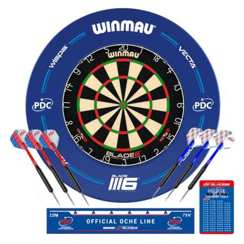 WINMAU PDC SURROUND BLADE 6 DARTBOARD & BRASS DARTS COMBO SET