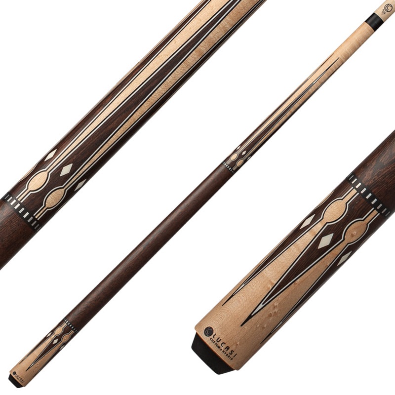 Lucasi Custom LZC56 Wrapless Cue Pool – Matte Birdseye Maple and Black Palm/Imitation Bone