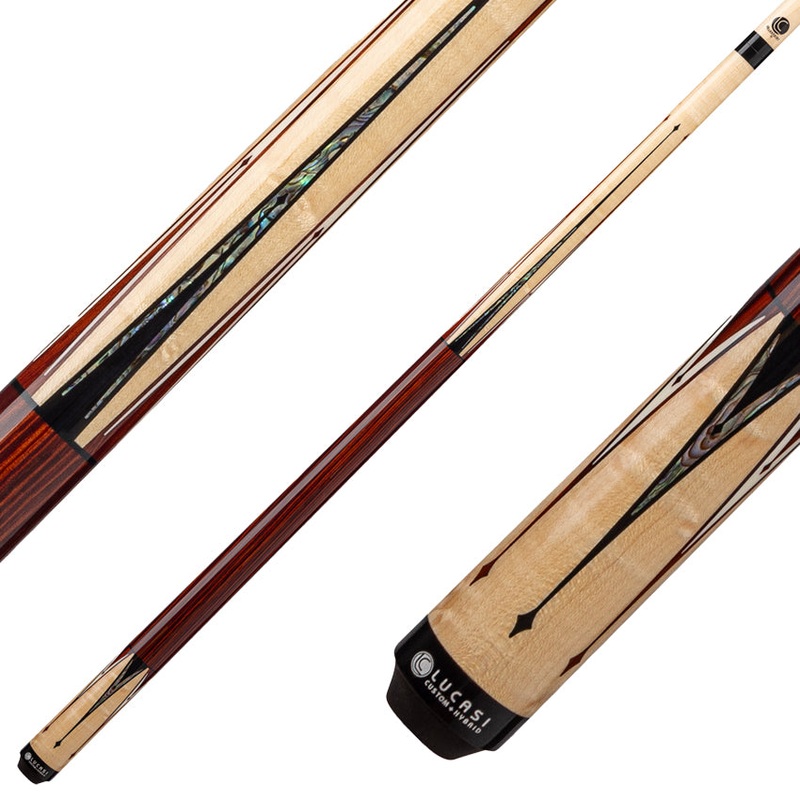 Lucasi Custom LZC63 Wrapless Pool Cue – Natural Birdseye Maple with Black / White and Mother of Pearl Inlays