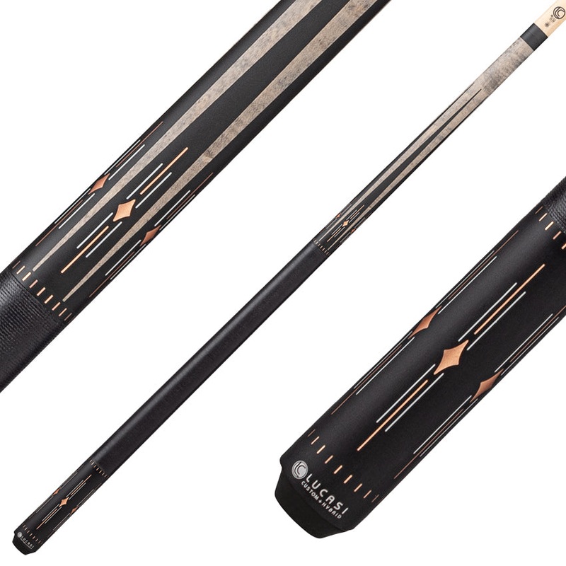 Lucasi Hybrid LHF72 Pool Cue with Black Linen Wrap – Matte Charcoal Birdseye with White/Rose Gold Inlays