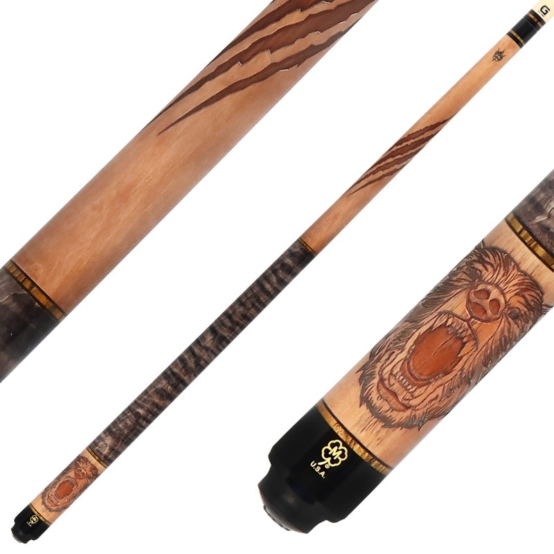 McDermott G339 G Series No Wrap Pool Cue – Wildfire 3D Grizzly Bear with Gray-Stained Maple Wrap Handle