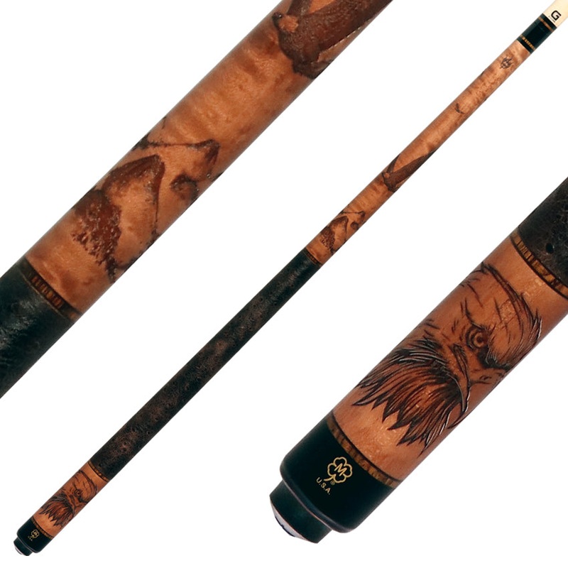 McDermott G438 G Series Pool Cue – Michigan Maple with Wildfire 3D Birds of Prey and Embossed Ostrich Leather Wrap