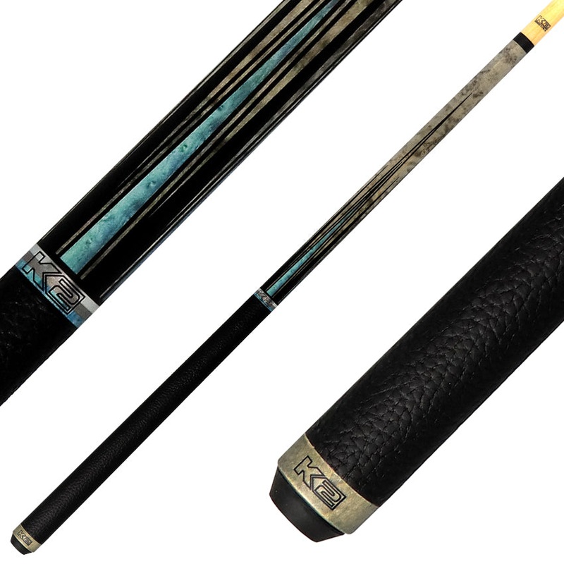 K2 KLLE1W Graphic Pool Cue with Leather Wrap – Matte Gray-Stained Maple and Blue Points Leather Wrap Pool Cue with 11.75 LD Shaft