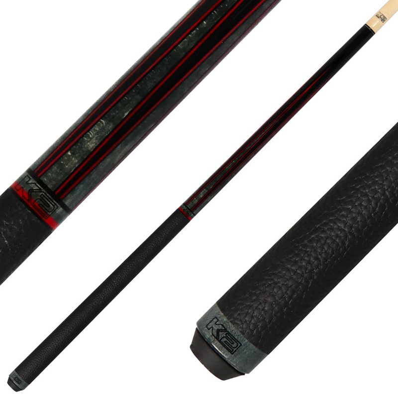 K2 KLLE2W Leather Wrap Pool Cue – Black Painted Maple and Gray/Red Points Graphic with 11.75mm LD Shaft