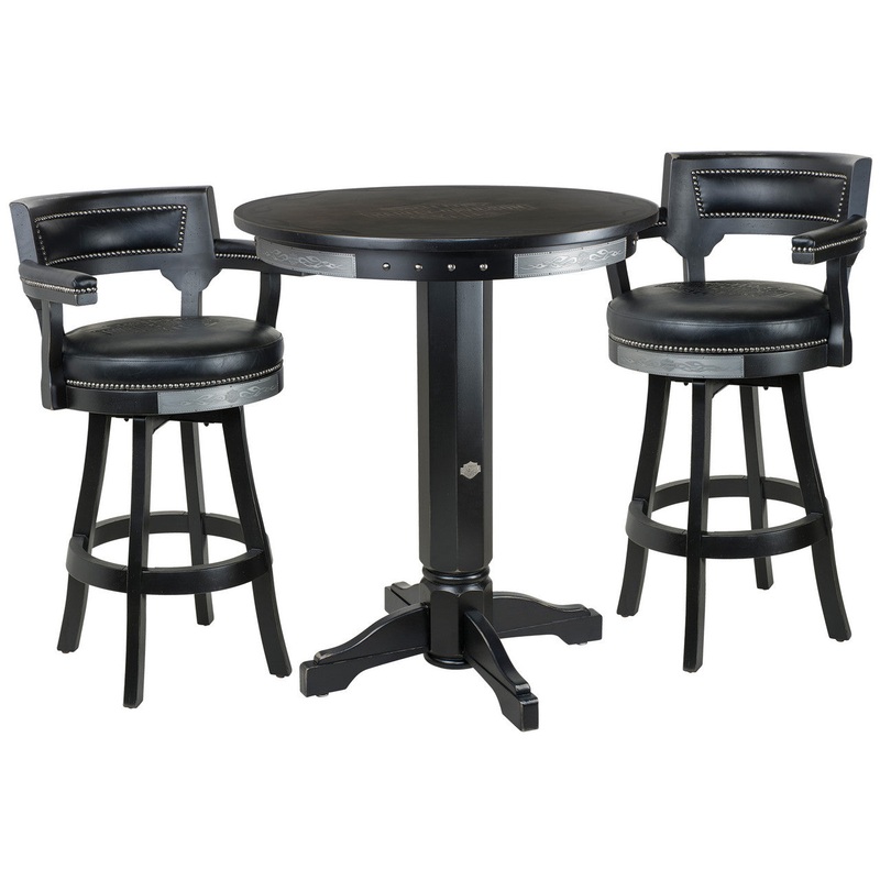 Harley Davidson Pub Table with Backrest Stools Set – Bar and Shield Flames Vintage Black